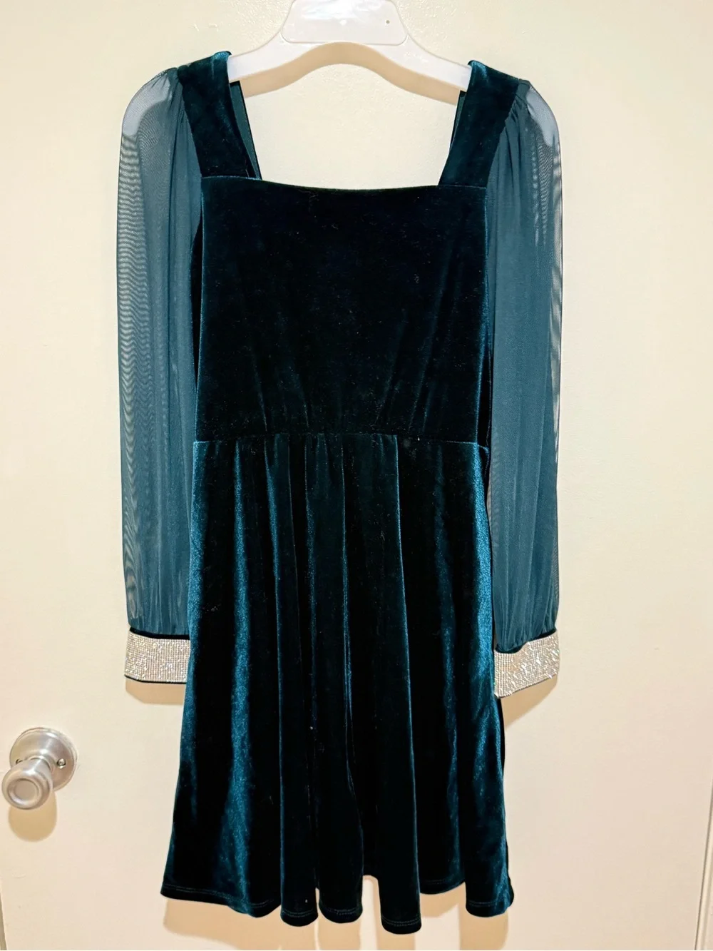 Speechless Dark Green Velvet Dress with Sheer Long Sleeves